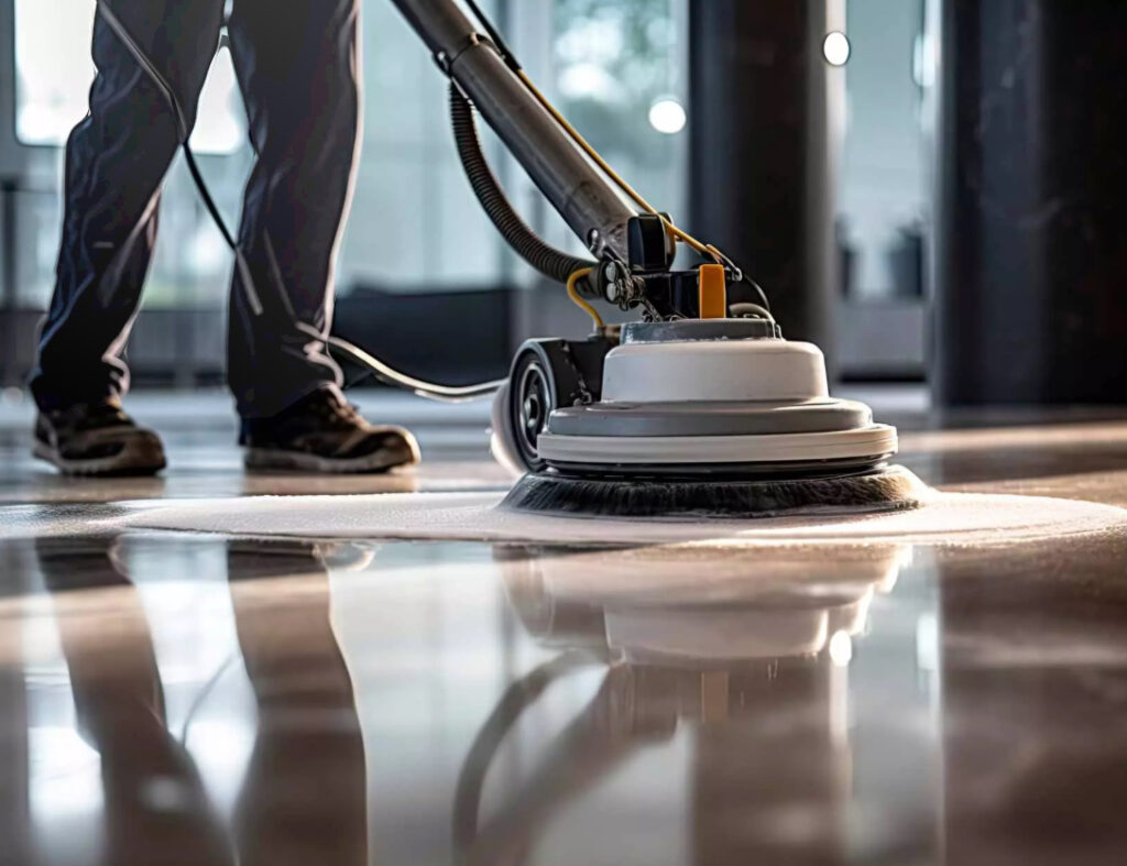 Office Cleaning in Henderson - NV as a cleaner wipes desks and vacuums a reception area