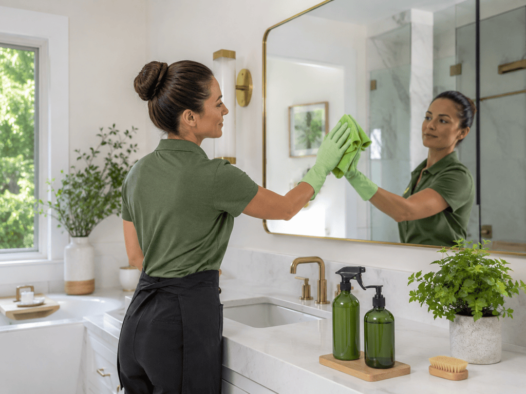 Skilled cleaner methodically detailing high-touch surfaces with low-residue cleaning products