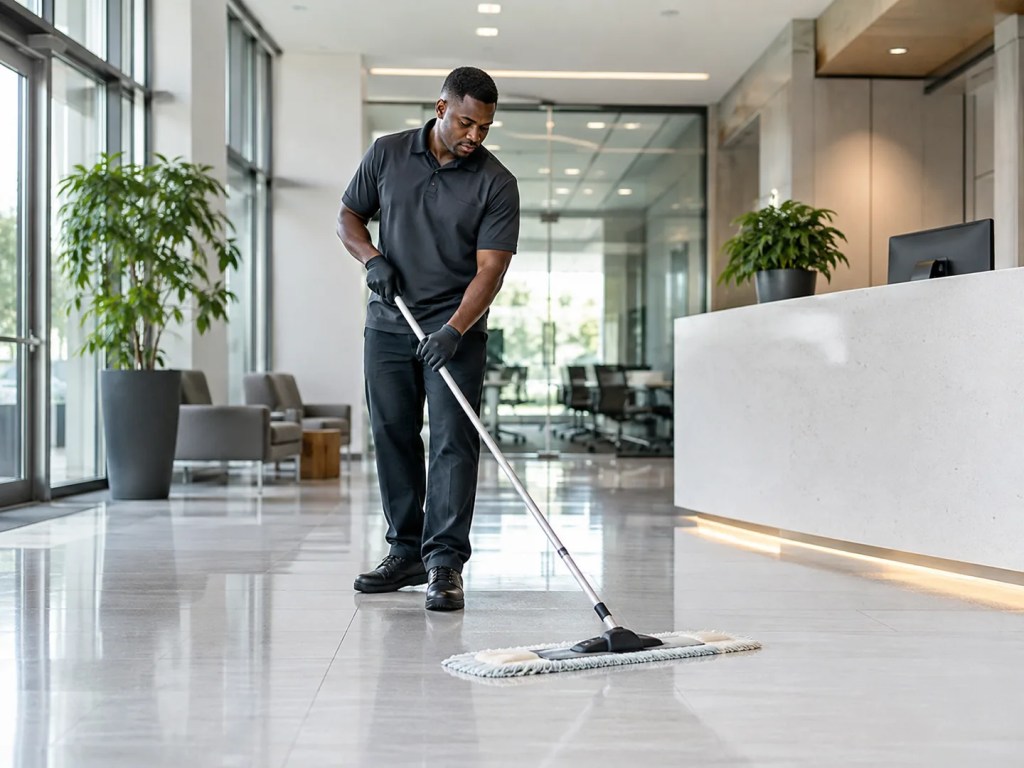 Janitorial Services in Henderson - NV crew disinfecting office desks and glass doors before opening