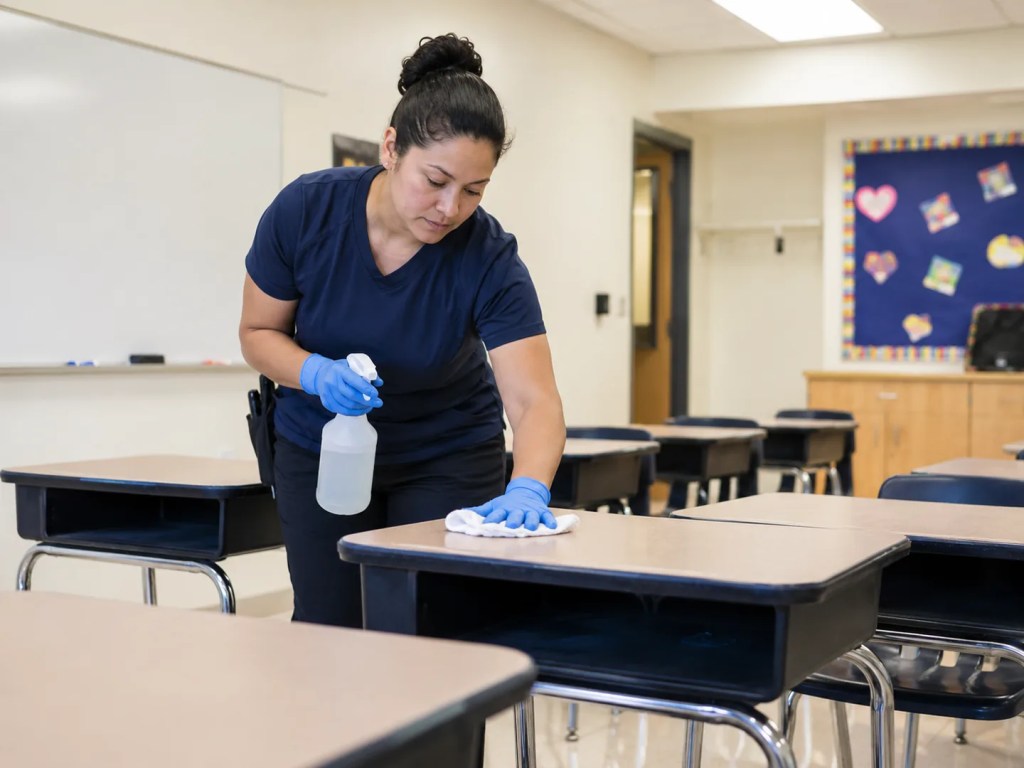 Janitorial Services in Summerlin - NV crew wiping lobby glass and sanitizing entry handles