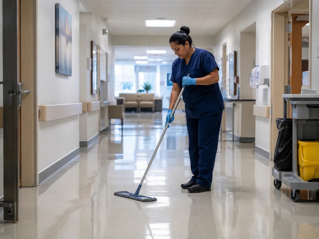 Janitorial Services team in Summerlin - NV disinfecting shared desks during an after-hours cleaning visit