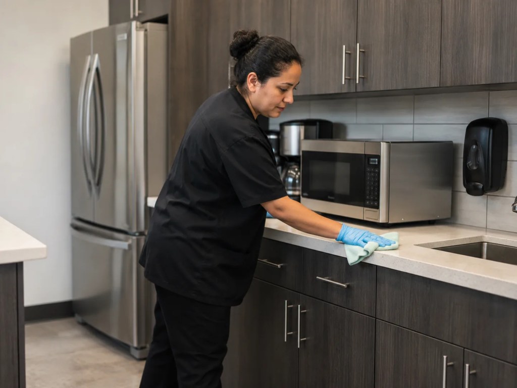 Janitorial Services in Green Valley - NV underway as a cleaner sanitizes lobby surfaces and entrance glass