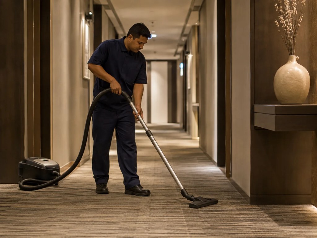 Janitorial services team in Green Valley - NV disinfecting shared office touchpoints with organized cleaning supplies