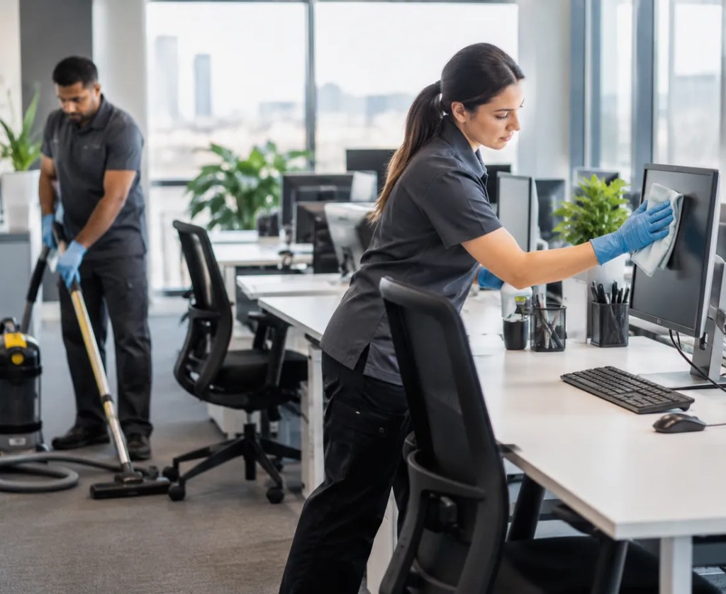 Office Cleaning crew disinfecting shared surfaces inside a Summerlin - NV workspace before opening