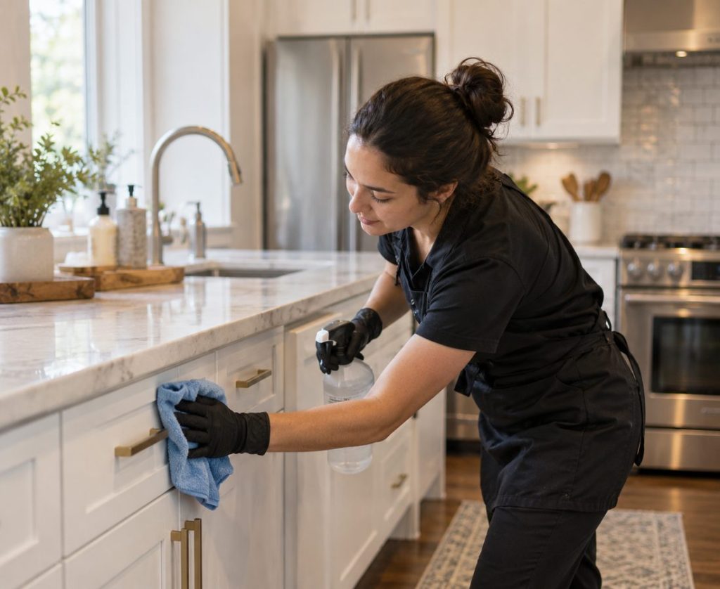 Deep Cleaning in Las Vegas - NV in progress as a cleaner wipes cabinets and scrubs counters, Worker performing deep cleaning on kitchen surfaces inside a Green Valley - NV residence