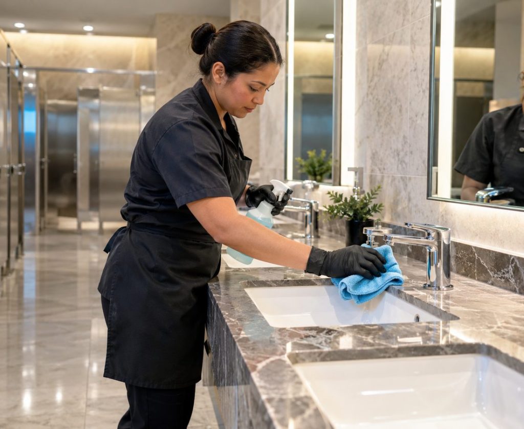 Deep cleaning team detailing bathroom surfaces inside a Henderson - NV home before move-in, Deep Cleaning in Green Valley - NV in progress as a cleaner wipes bathroom tile and vanity